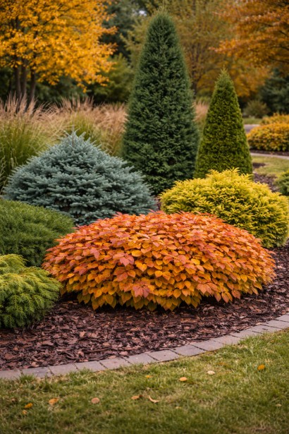 Spiraea Вайт Голд осінні барви в поєднанні з хвойними